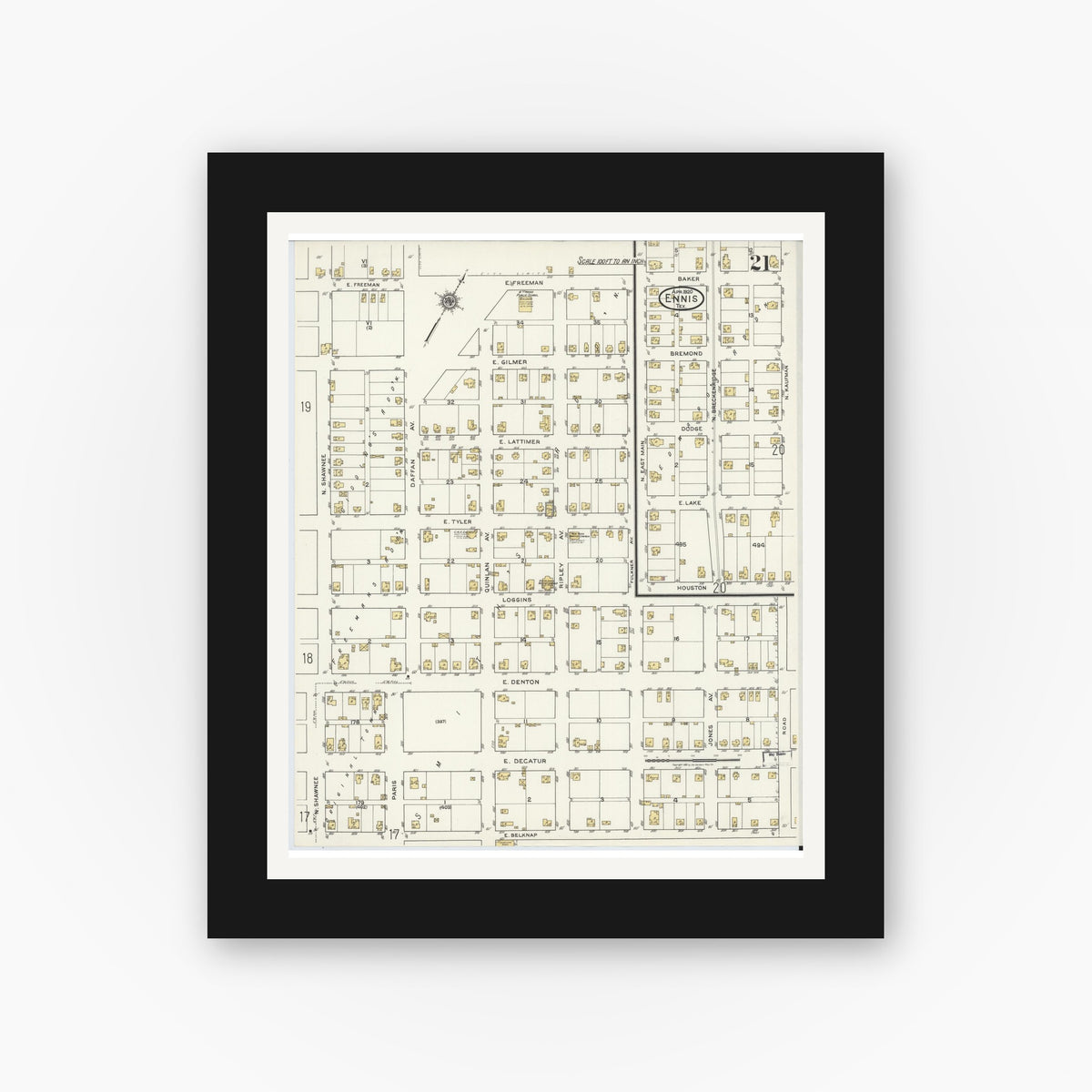 Old map wall art mockup — black gallery frame with white mat — Sanborn Fire Insurance Map from Ennis, Ellis County, Texas (1920), Sheet #0021