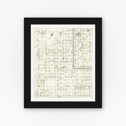 Old map wall art mockup — black gallery frame with white mat — Sanborn Fire Insurance Map from Ennis, Ellis County, Texas (1920), Sheet #0021
