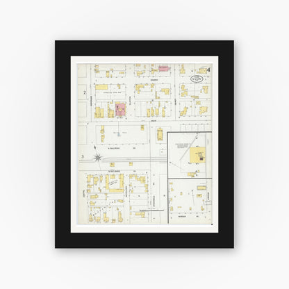 Old map wall art mockup — black gallery frame with white mat — Sanborn Fire Insurance Map from Cuero, De Witt County, Texas (1902), Sheet #0004