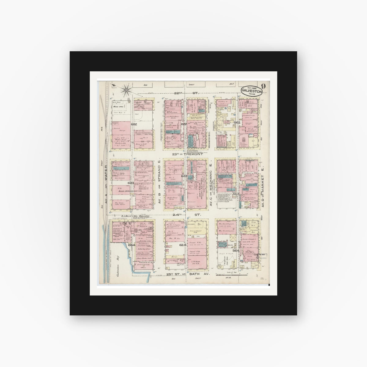 Old map wall art mockup — black gallery frame with white mat — Sanborn Fire Insurance Map from Galveston, Galveston County, Texas (1885), Sheet #0009