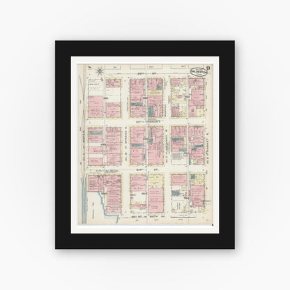 Old map wall art mockup — black gallery frame with white mat — Sanborn Fire Insurance Map from Galveston, Galveston County, Texas (1885), Sheet #0009