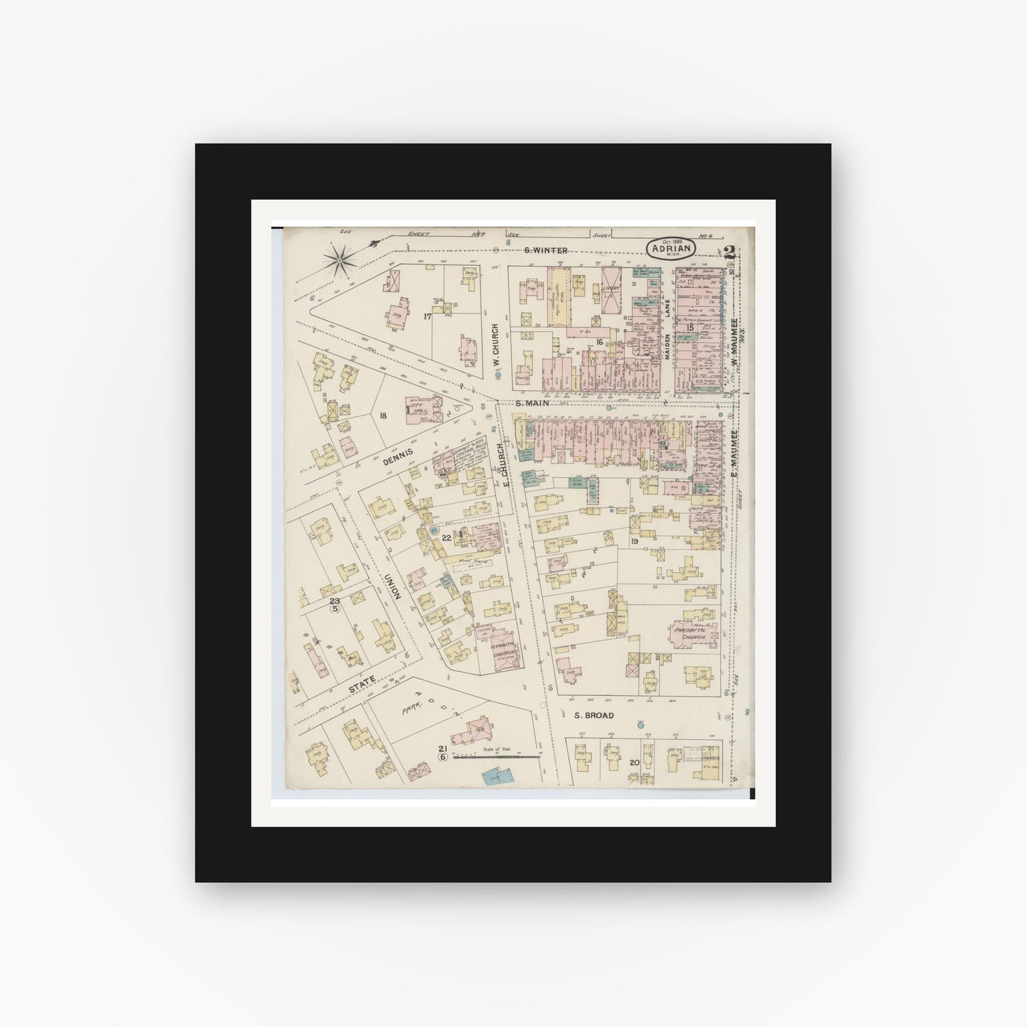 Old map wall art mockup — black gallery frame with white mat — Sanborn Fire Insurance Map from Adrian, Lenawee County, Michigan (1888), Sheet #0002