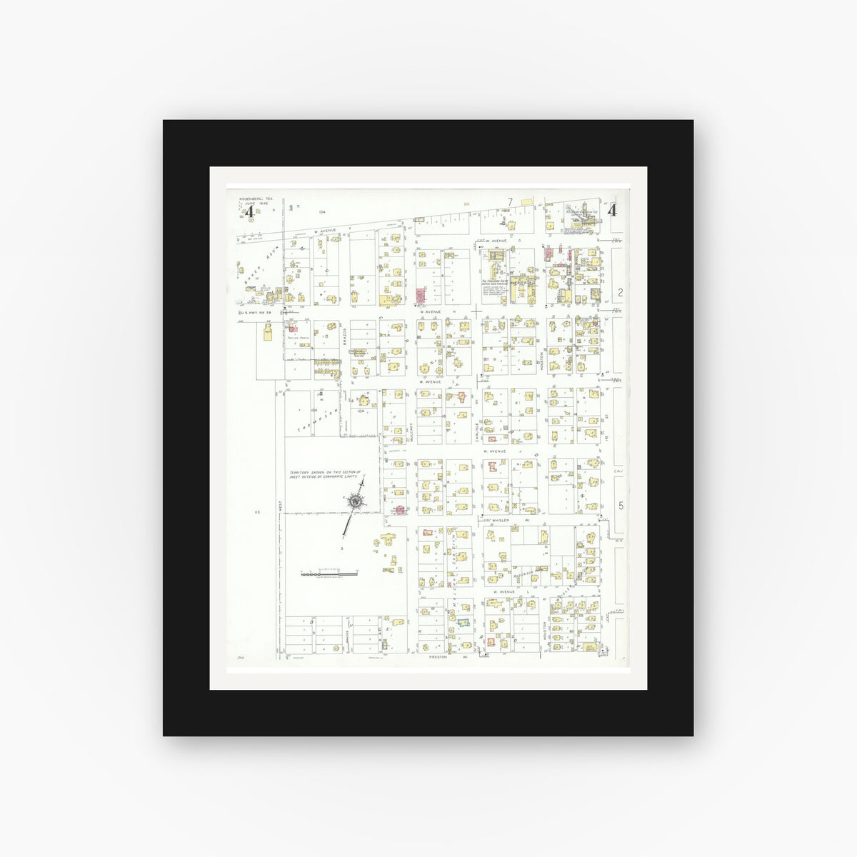 Old map wall art mockup — black gallery frame with white mat — Sanborn Fire Insurance Map from Rosenberg, Fort Bend County, Texas (1942), Sheet #0004