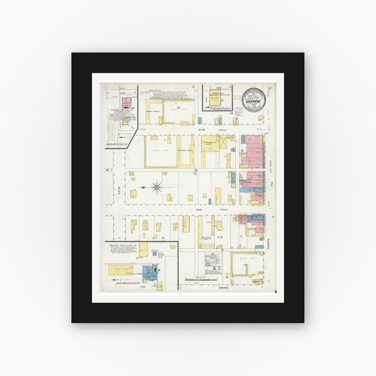 Old map wall art mockup — black gallery frame with white mat — Sanborn Fire Insurance Map from Graham, Young County, Texas (1908) - Complete Map Set