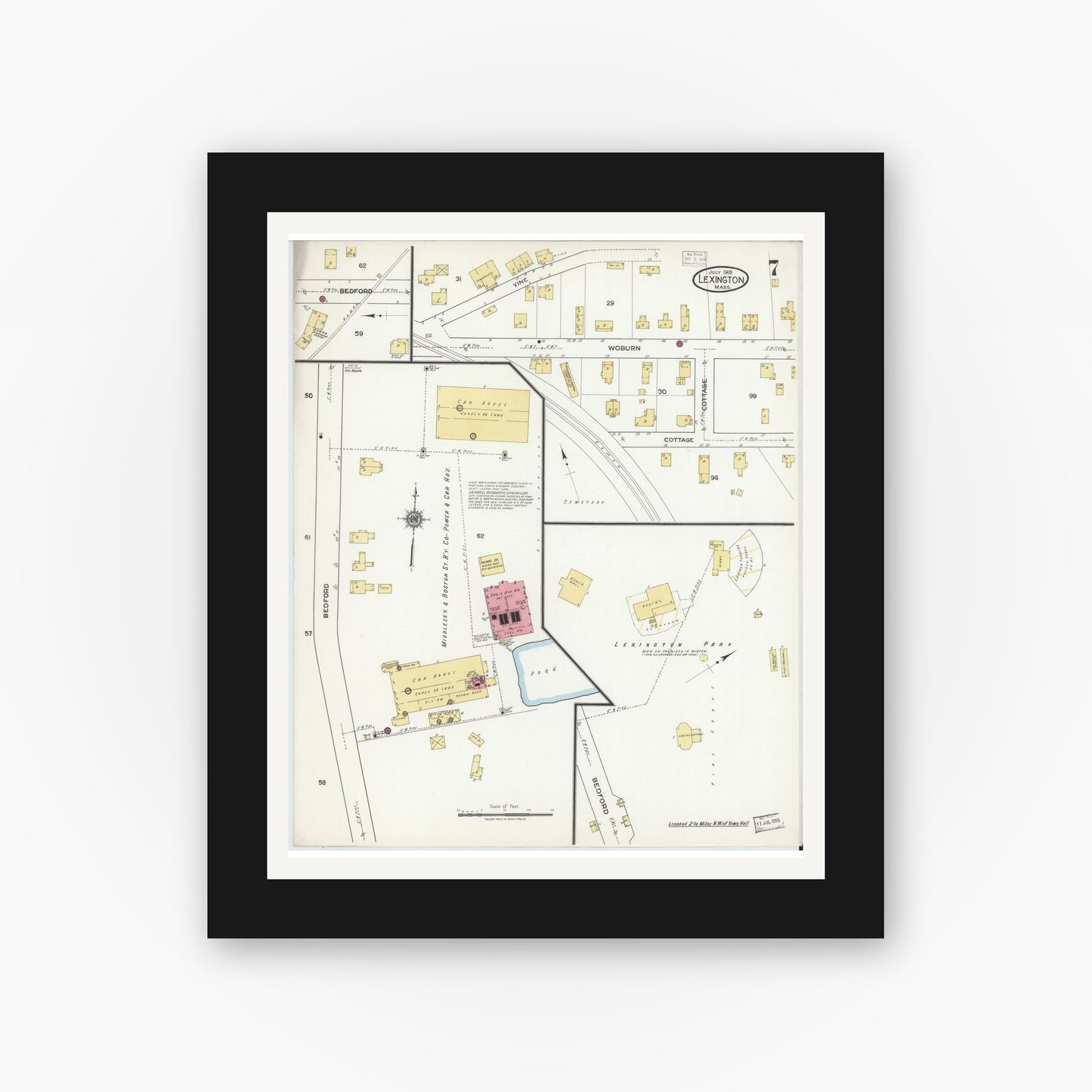 Old map wall art mockup — black gallery frame with white mat — Sanborn Fire Insurance Map from Lexington, Middlesex County, Massachusetts (1918), Sheet #0007