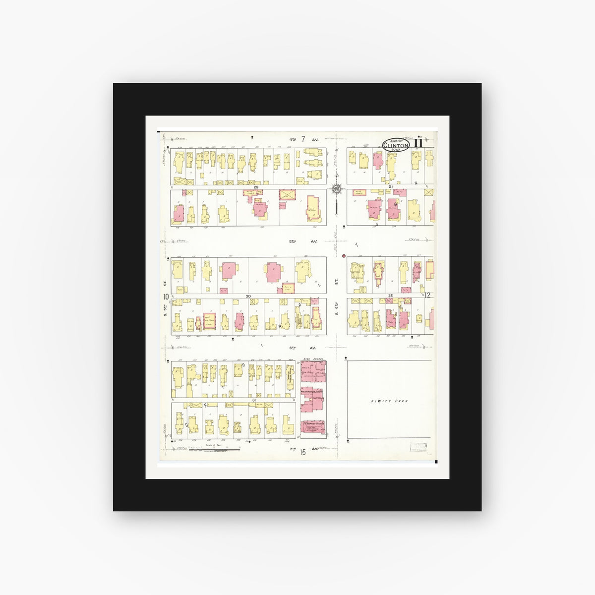 Old map wall art mockup — black gallery frame with white mat — Sanborn Fire Insurance Map from Clinton, Clinton County, Iowa (1917), Sheet #0011