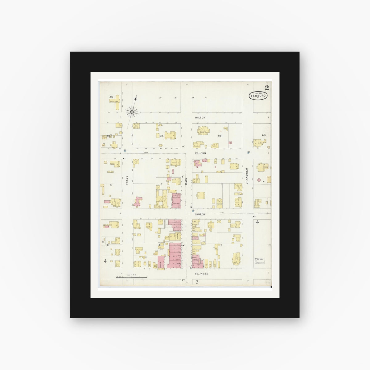 Old map wall art mockup — black gallery frame with white mat — Sanborn Fire Insurance Map from Tarboro, Edgecombe County, North Carolina (1896), Sheet #0002