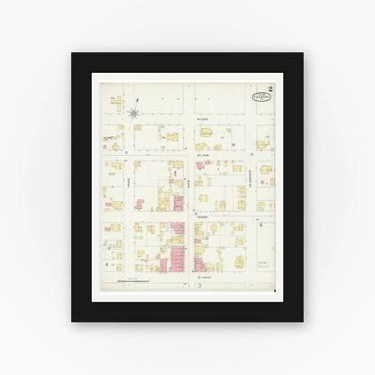 Old map wall art mockup — black gallery frame with white mat — Sanborn Fire Insurance Map from Tarboro, Edgecombe County, North Carolina (1896), Sheet #0002
