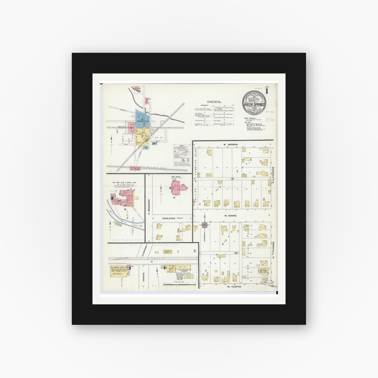 Old map wall art mockup — black gallery frame with white mat — Sanborn Fire Insurance Map from Green Springs, Sandusky And Seneca Counties, Ohio (1911) - Complete Map Set