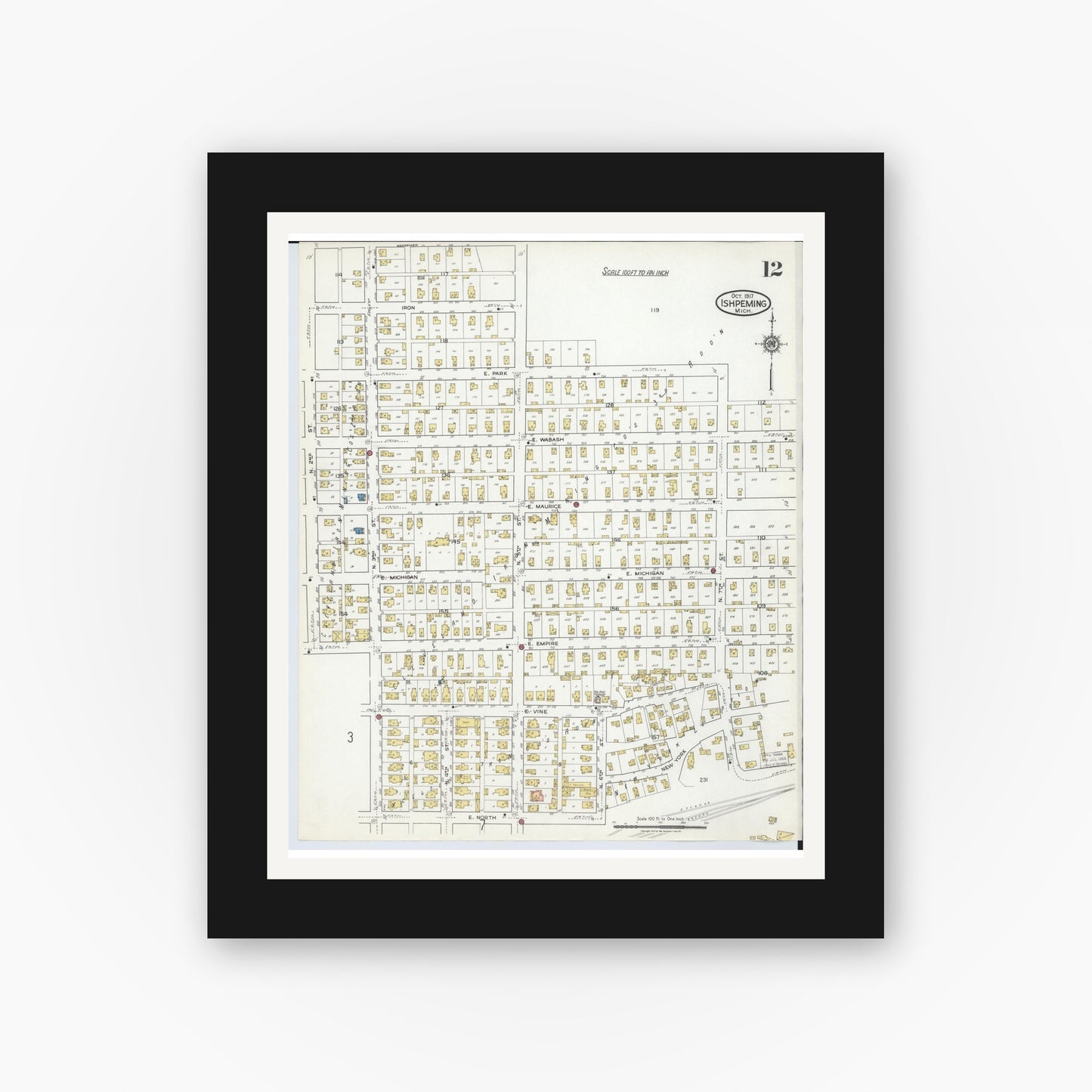 Old map wall art mockup — black gallery frame with white mat — Sanborn Fire Insurance Map from Ishpeming, Marquette County, Michigan (1917), Sheet #0012