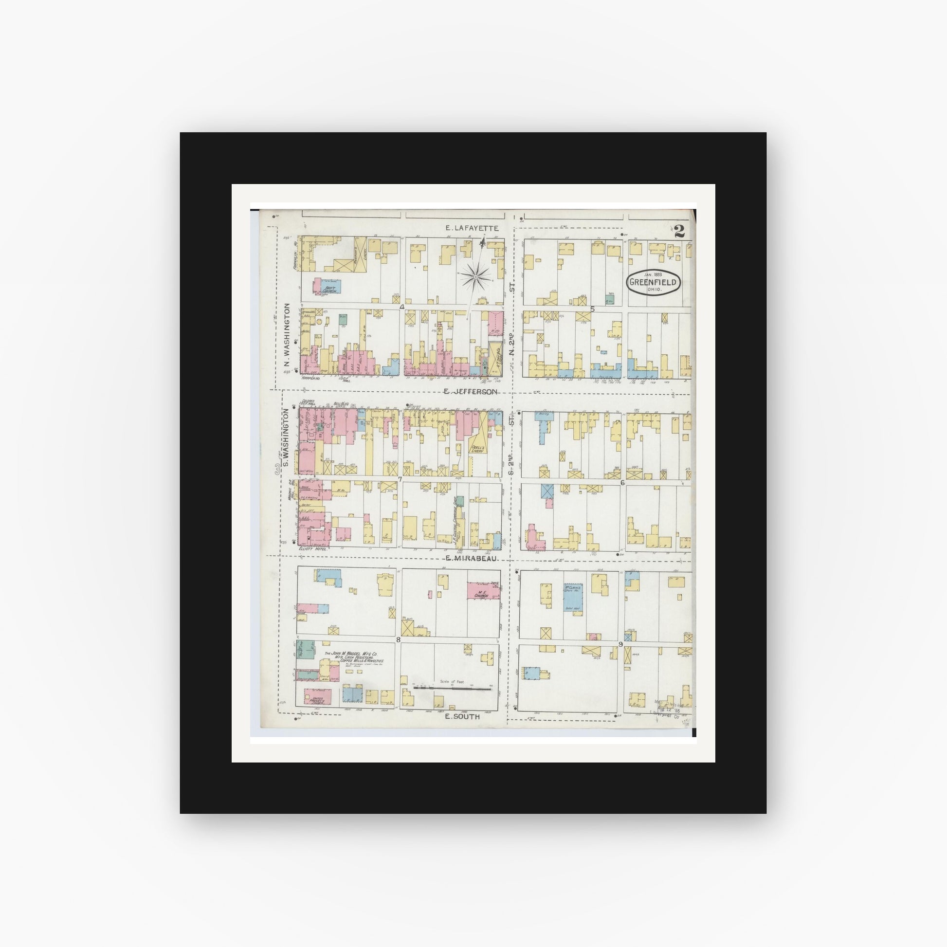 Old map wall art mockup — black gallery frame with white mat — Sanborn Fire Insurance Map from Greenfield, Highland County, Ohio (1893), Sheet #0002