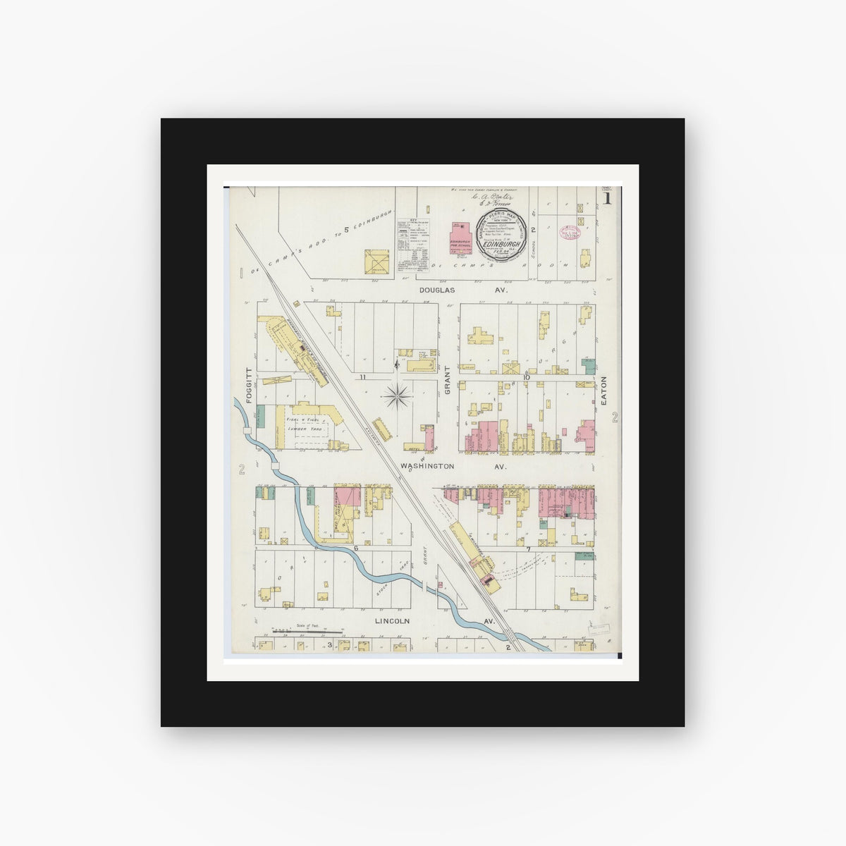 Old map wall art mockup — black gallery frame with white mat — Sanborn Fire Insurance Map from Edinburgh, Christian County, Illinois (1894) - Complete Map Set