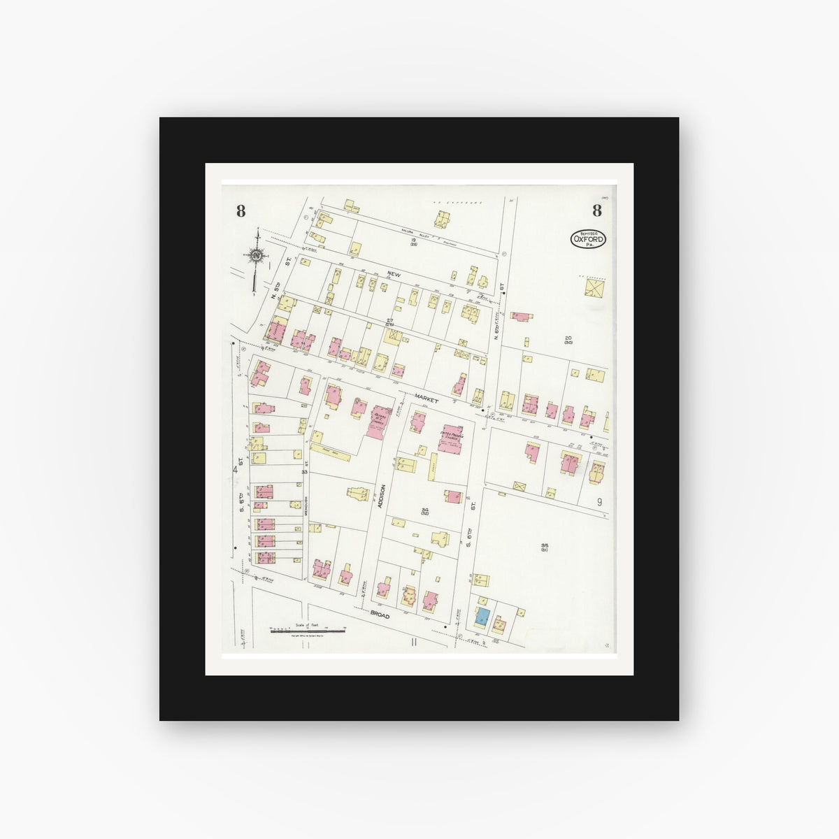 Old map wall art mockup — black gallery frame with white mat — Sanborn Fire Insurance Map from Oxford, Chester County, Pennsylvania (1924), Sheet #0008