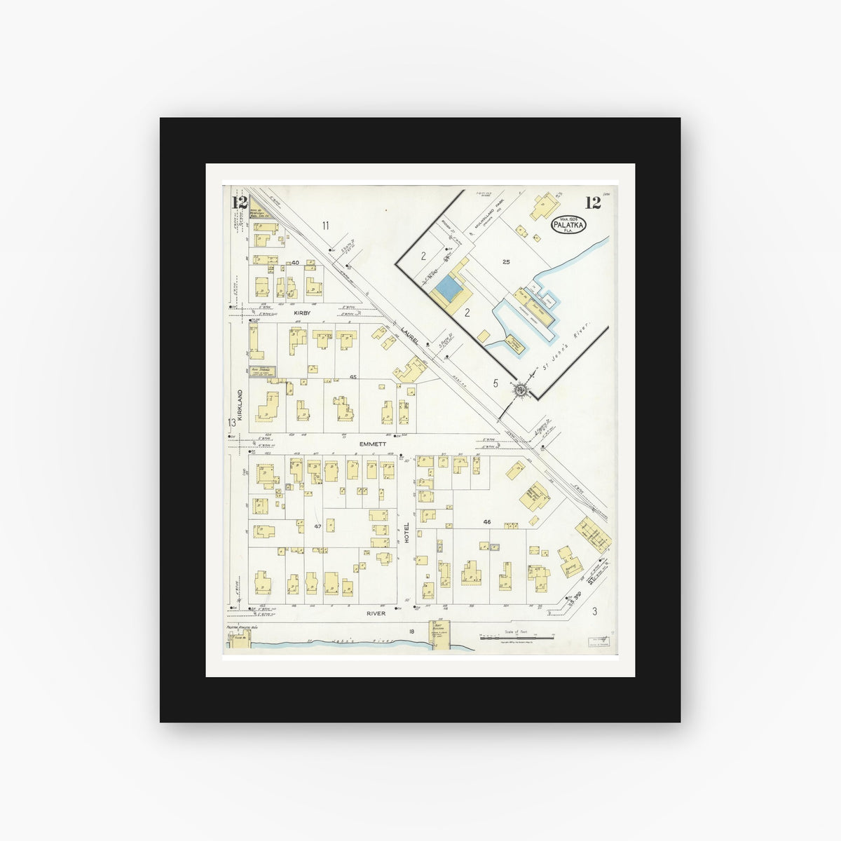 Old map wall art mockup — black gallery frame with white mat — Sanborn Fire Insurance Map from Palatka, Putnam County, Florida (1924), Sheet #0012