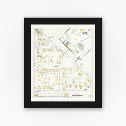 Old map wall art mockup — black gallery frame with white mat — Sanborn Fire Insurance Map from Palatka, Putnam County, Florida (1924), Sheet #0012