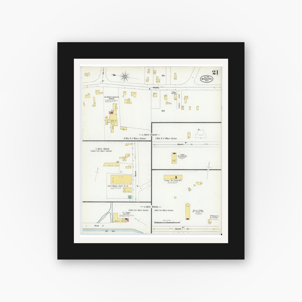 Old map wall art mockup — black gallery frame with white mat — Sanborn Fire Insurance Map from Woburn, Middlesex County, Massachusetts (1899), Sheet #0021