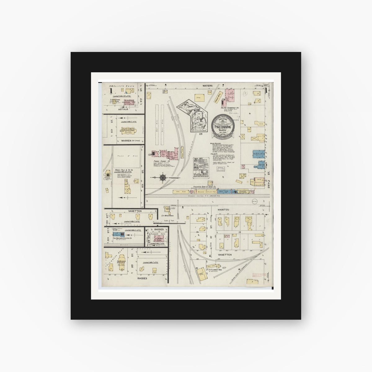 Old map wall art mockup — black gallery frame with white mat — Sanborn Fire Insurance Map from Pinconning, Bay County, Michigan (1924), Sheet #0001