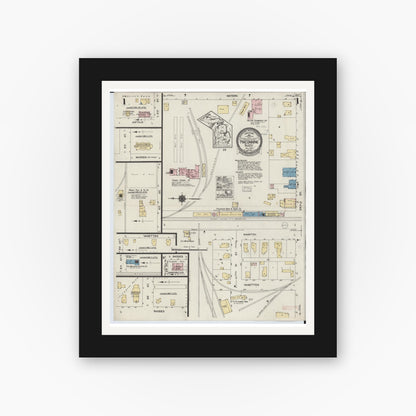 Old map wall art mockup — black gallery frame with white mat — Sanborn Fire Insurance Map from Pinconning, Bay County, Michigan (1924), Sheet #0001