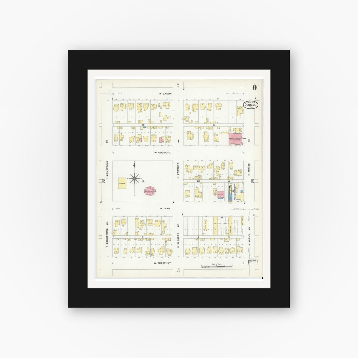 Old map wall art mockup — black gallery frame with white mat — Sanborn Fire Insurance Map from Denison, Grayson County, Texas (1908), Sheet #0009