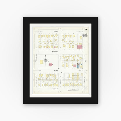 Old map wall art mockup — black gallery frame with white mat — Sanborn Fire Insurance Map from Denison, Grayson County, Texas (1908), Sheet #0009