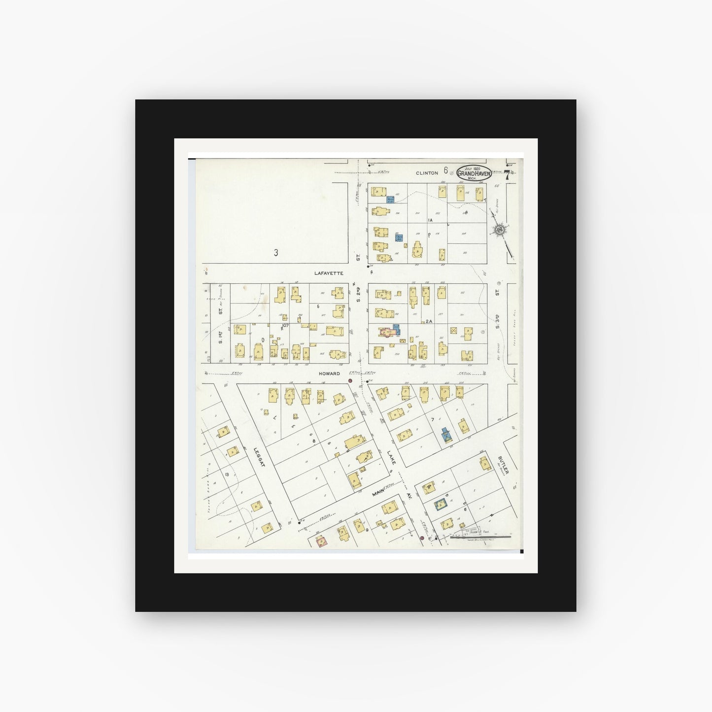 Old map wall art mockup — black gallery frame with white mat — Sanborn Fire Insurance Map from Grand Haven, Ottawa County, Michigan (1920), Sheet #0007