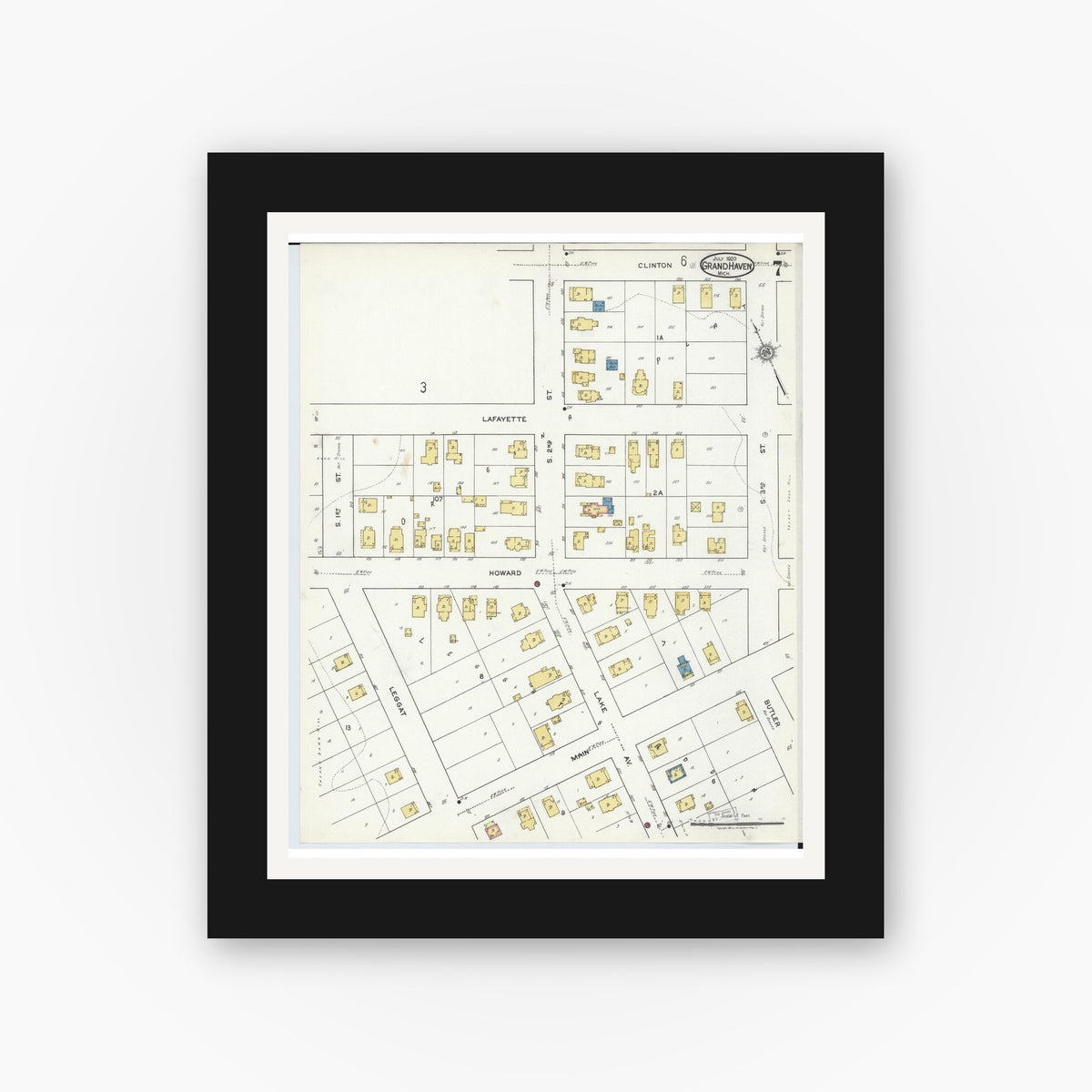 Old map wall art mockup — black gallery frame with white mat — Sanborn Fire Insurance Map from Grand Haven, Ottawa County, Michigan (1920), Sheet #0007