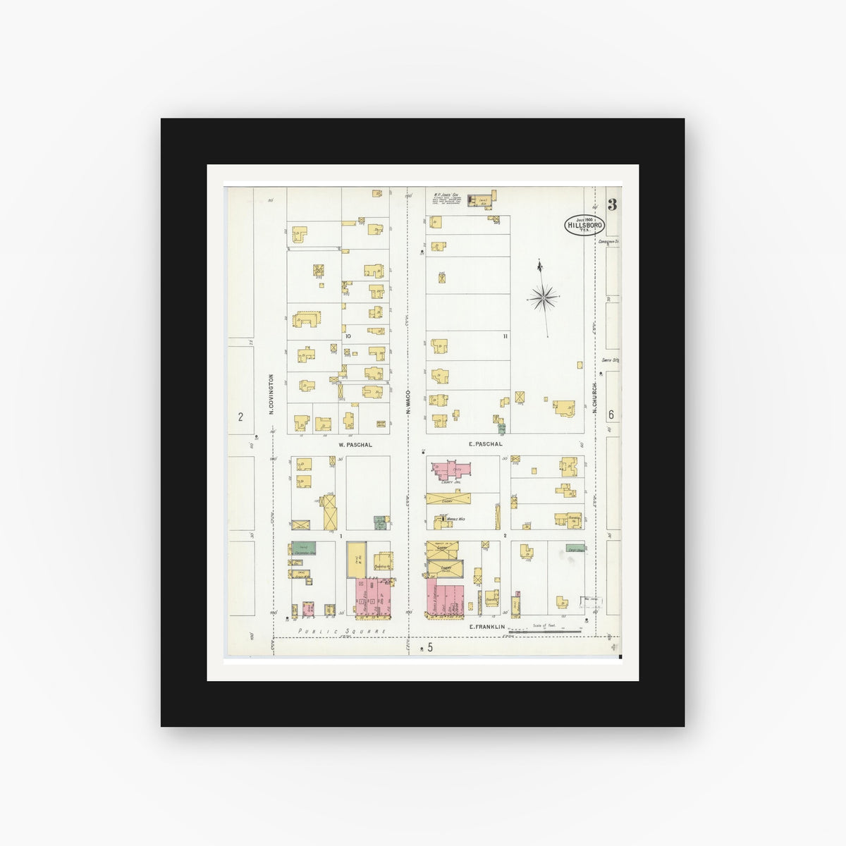 Old map wall art mockup — black gallery frame with white mat — Sanborn Fire Insurance Map from Hillsboro, Hill County, Texas (1900), Sheet #0003