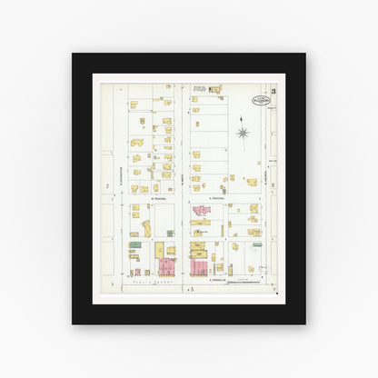 Old map wall art mockup — black gallery frame with white mat — Sanborn Fire Insurance Map from Hillsboro, Hill County, Texas (1900), Sheet #0003