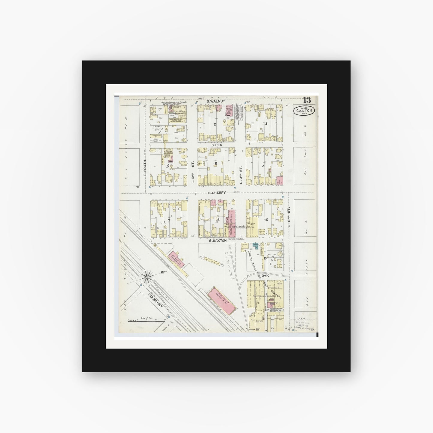 Old map wall art mockup — black gallery frame with white mat — Sanborn Fire Insurance Map from Canton, Stark County, Ohio (1891), Sheet #0013