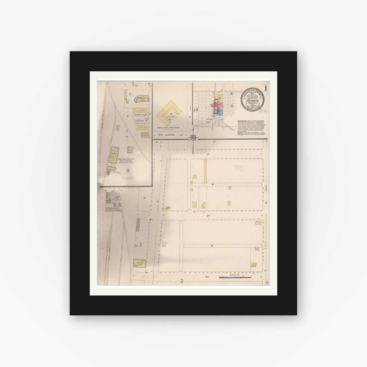 Old map wall art mockup — black gallery frame with white mat — Sanborn Fire Insurance Map from Perris, Riverside County, California (1914) - Complete Map Set