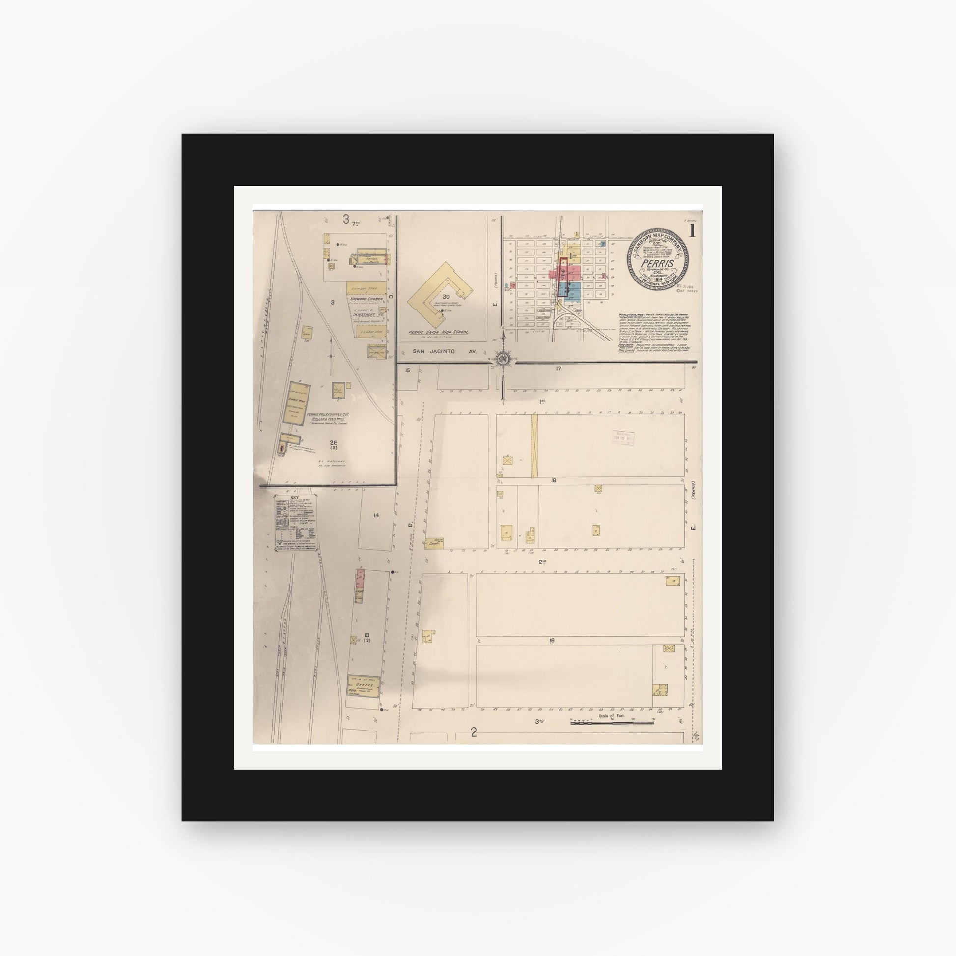 Old map wall art mockup — black gallery frame with white mat — Sanborn Fire Insurance Map from Perris, Riverside County, California (1914) - Complete Map Set