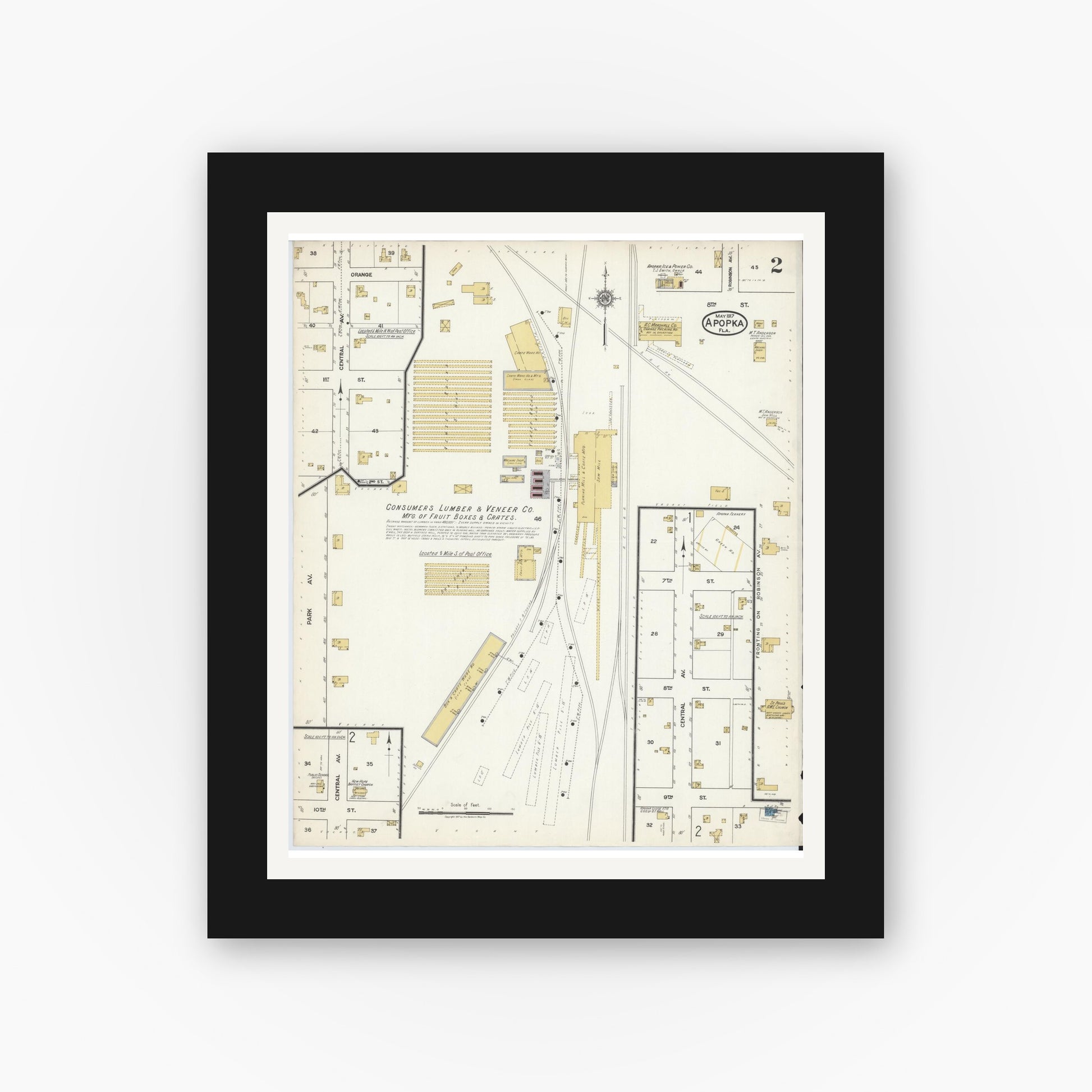 Old map wall art mockup — black gallery frame with white mat — Sanborn Fire Insurance Map from Apopka, Orange County, Florida (1917), Sheet #0002