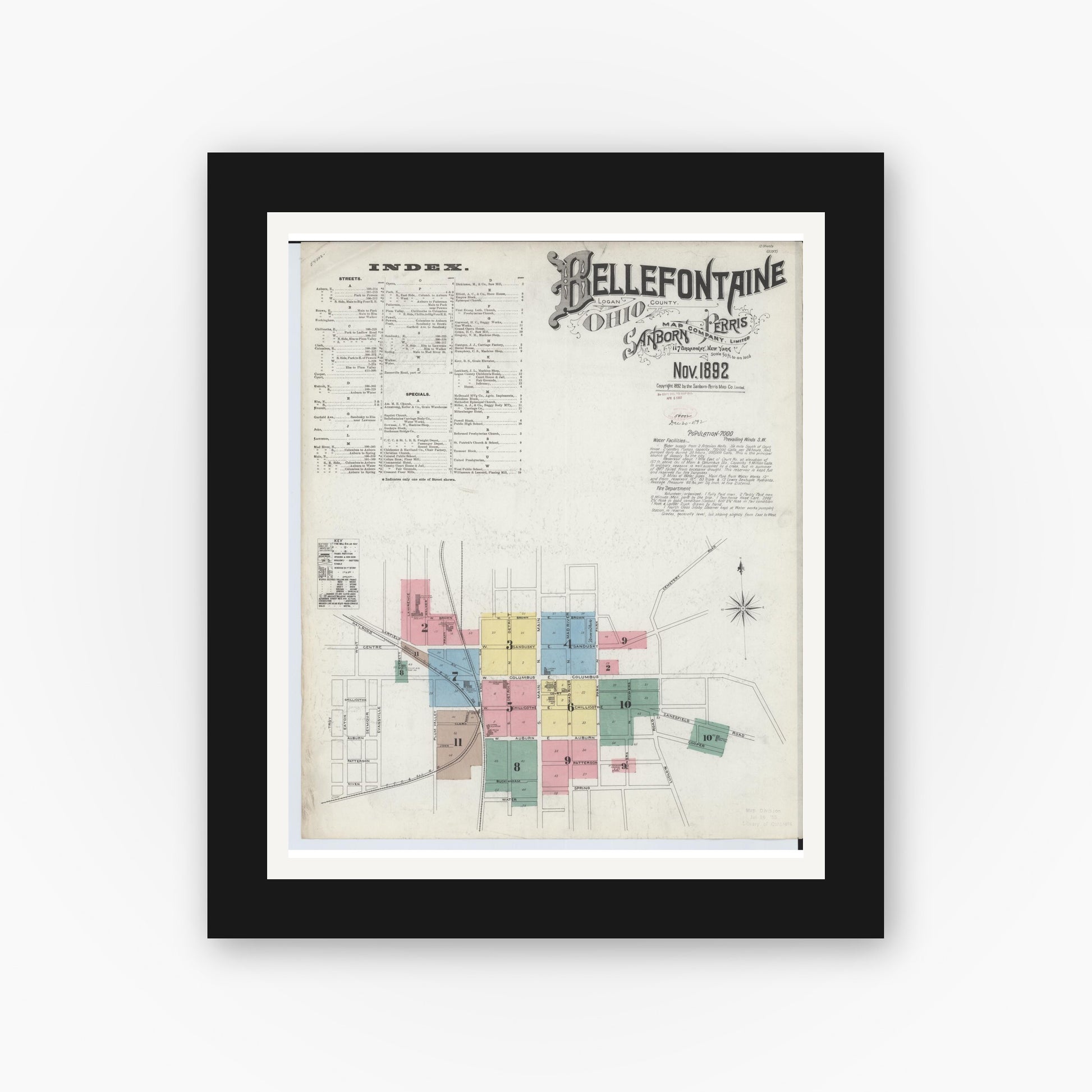 Old map wall art mockup — black gallery frame with white mat — Sanborn Fire Insurance Map from Bellefontaine, Logan County, Ohio (1892) - Complete Map Set