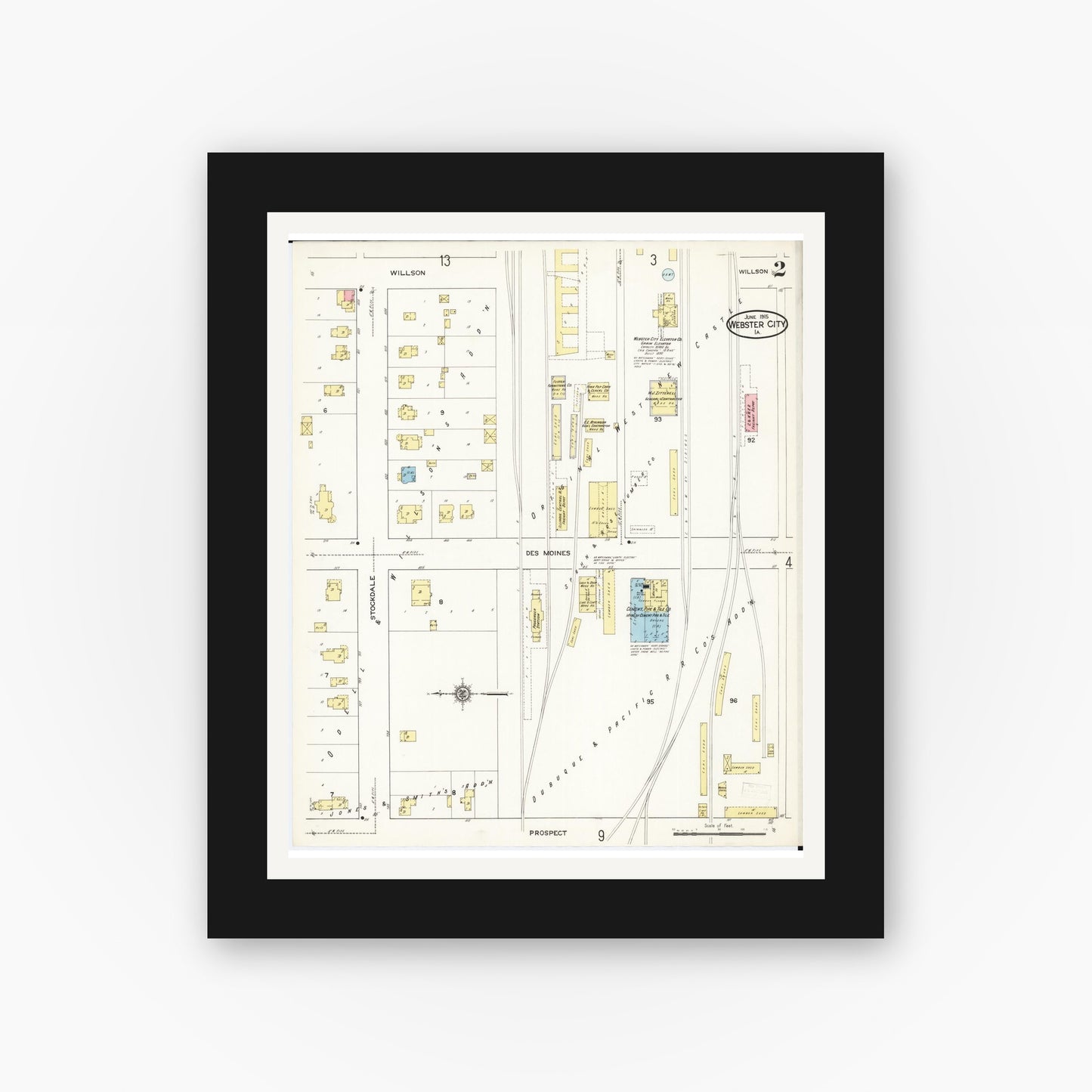 Old map wall art mockup — black gallery frame with white mat — Sanborn Fire Insurance Map from Webster City, Hamilton County, Iowa (1915), Sheet #0002