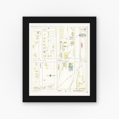 Old map wall art mockup — black gallery frame with white mat — Sanborn Fire Insurance Map from Webster City, Hamilton County, Iowa (1915), Sheet #0002