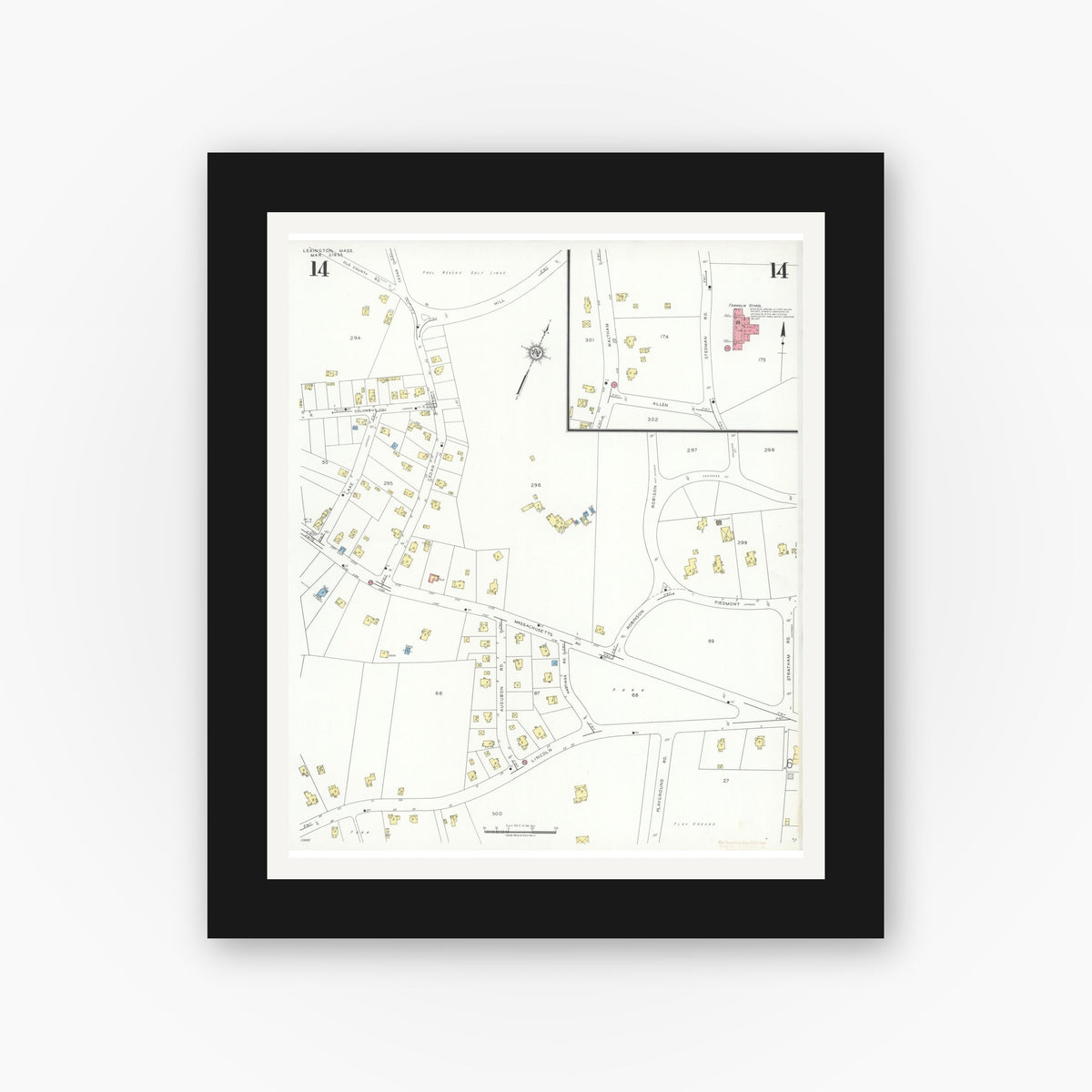 Old map wall art mockup — black gallery frame with white mat — Sanborn Fire Insurance Map from Lexington, Middlesex County, Massachusetts (1935), Sheet #0014