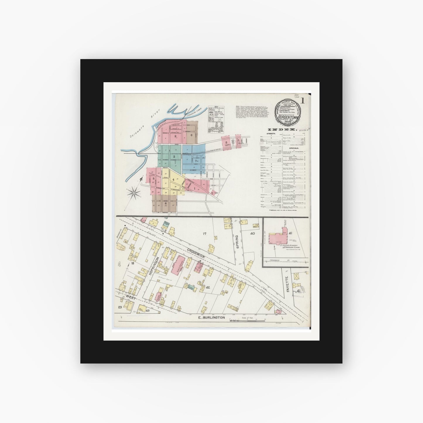 Old map wall art mockup — black gallery frame with white mat — Sanborn Fire Insurance Map from Bordentown, Burlington County, New Jersey (1892), Sheet #0001