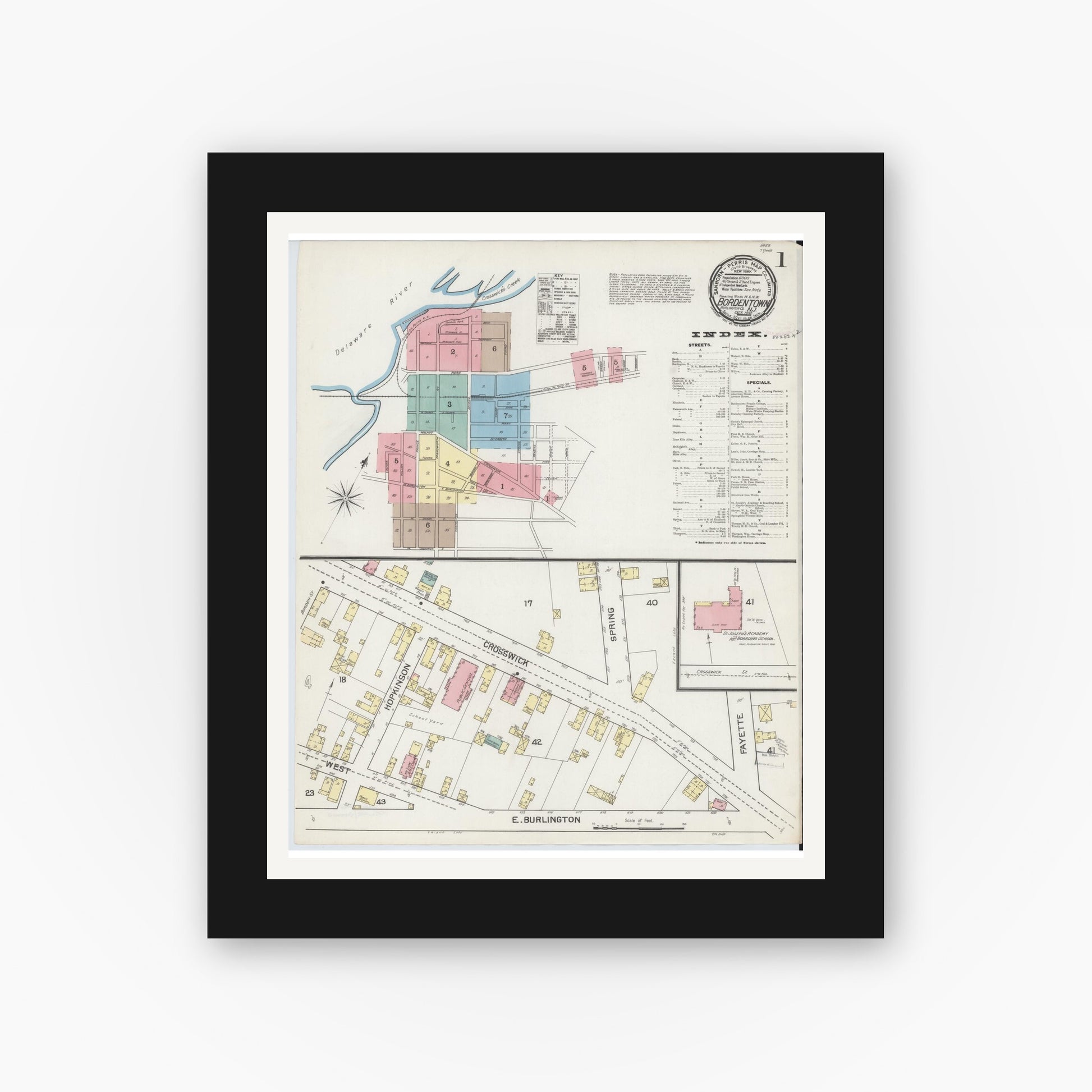 Old map wall art mockup — black gallery frame with white mat — Sanborn Fire Insurance Map from Bordentown, Burlington County, New Jersey (1892), Sheet #0001