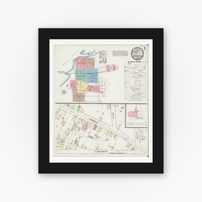 Old map wall art mockup — black gallery frame with white mat — Sanborn Fire Insurance Map from Bordentown, Burlington County, New Jersey (1892), Sheet #0001