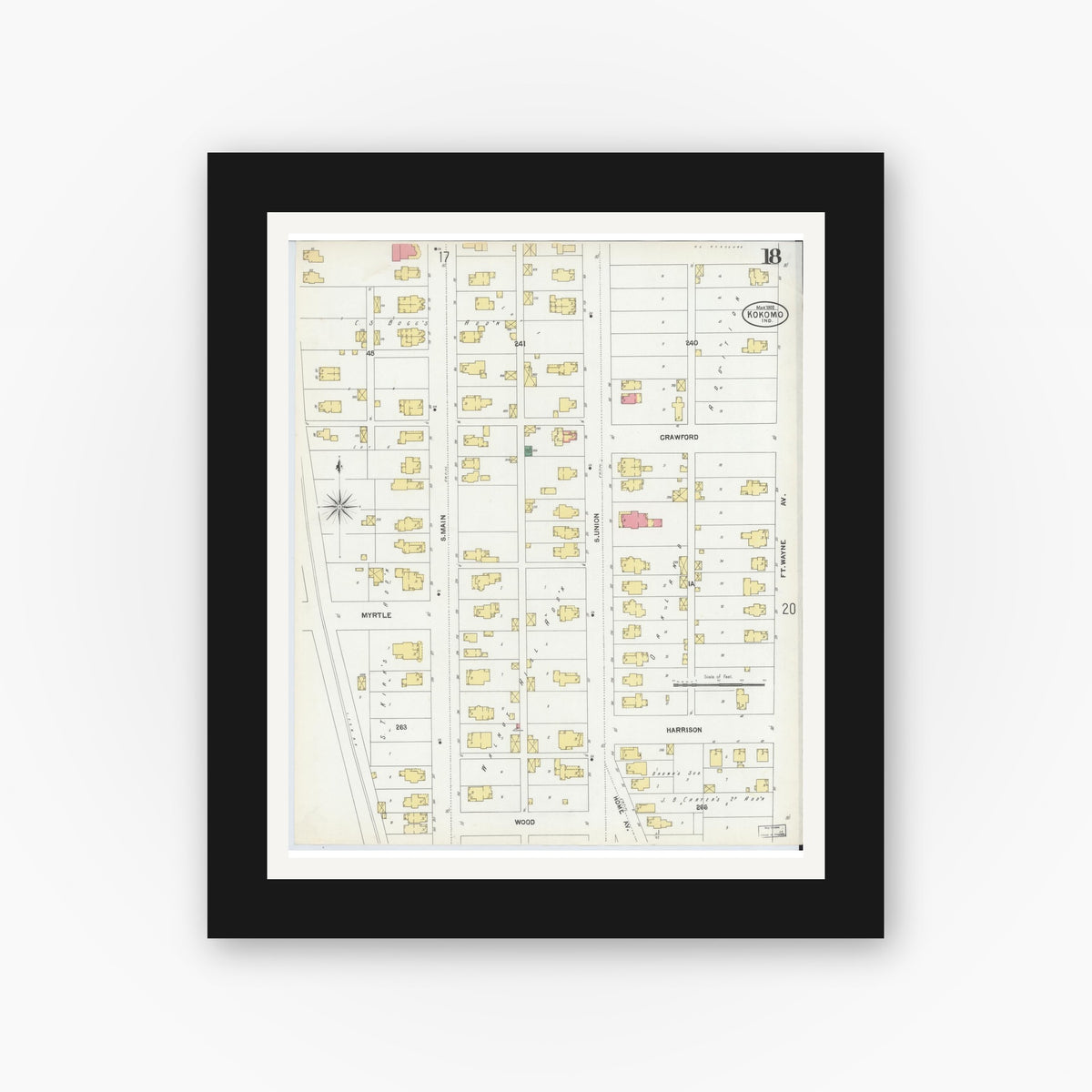 Old map wall art mockup — black gallery frame with white mat — Sanborn Fire Insurance Map from Kokomo, Howard County, Indiana (1902), Sheet #0018
