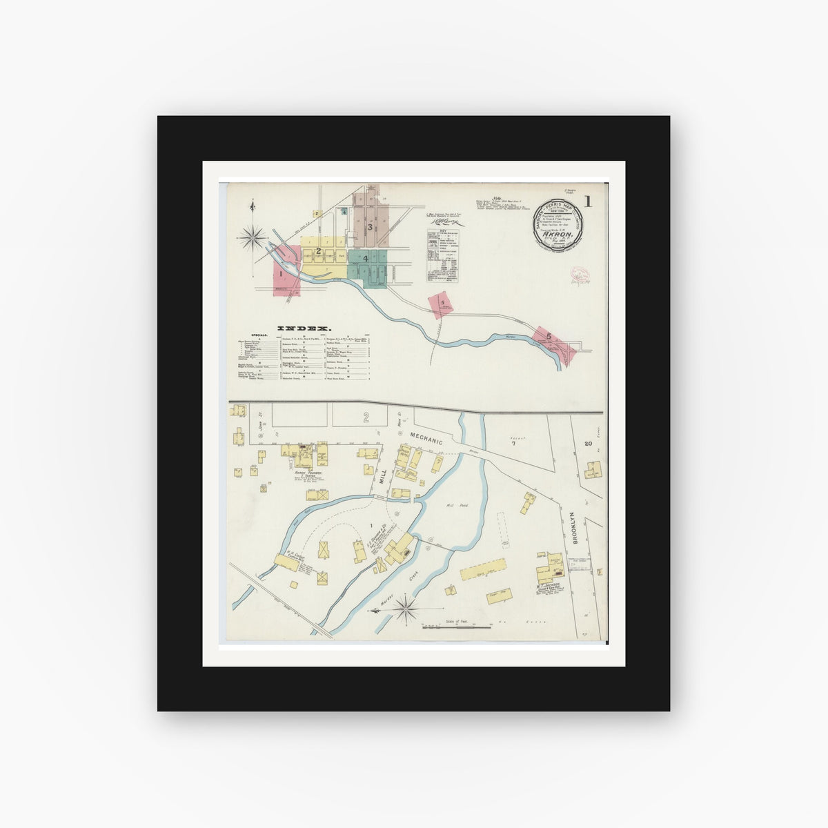Old map wall art mockup — black gallery frame with white mat — Sanborn Fire Insurance Map from Akron, Erie County, New York (1894) - Complete Map Set