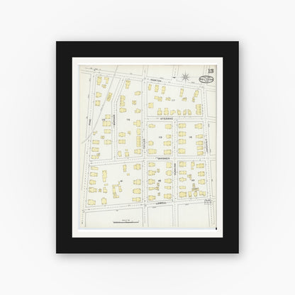 Old map wall art mockup — black gallery frame with white mat — Sanborn Fire Insurance Map from Waltham, Middlesex County, Massachusetts (1892), Sheet #0013