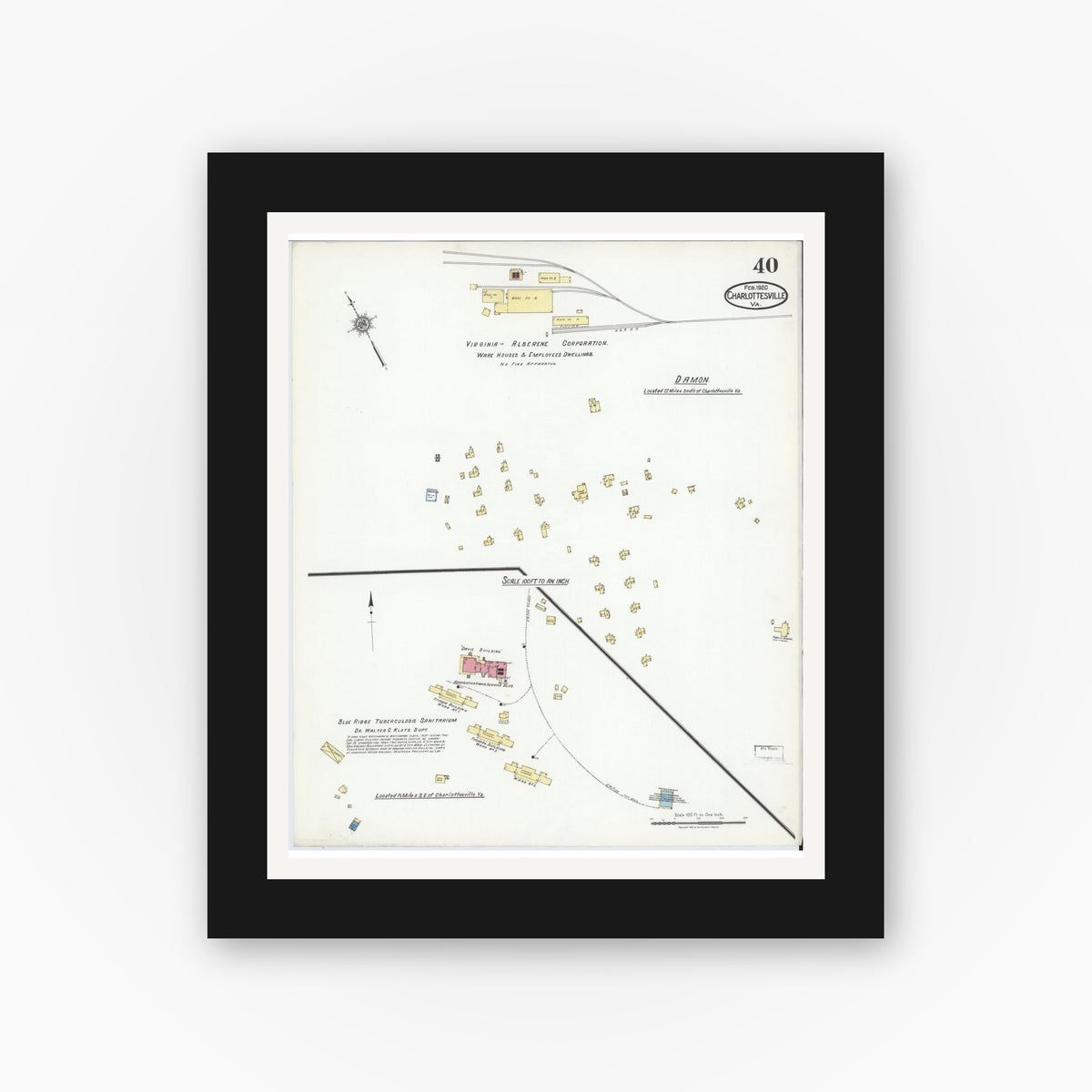 Old map wall art mockup — black gallery frame with white mat — Sanborn Fire Insurance Map from Charlottesville, Independent Cities, Virginia (1920), Sheet #0040