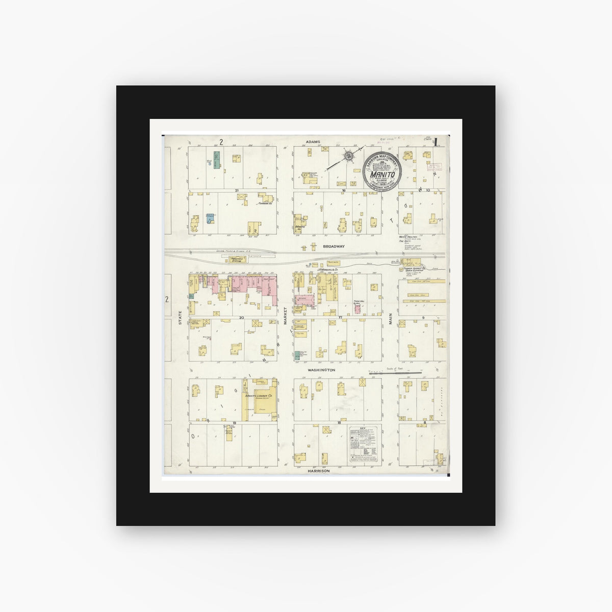 Old map wall art mockup — black gallery frame with white mat — Sanborn Fire Insurance Map from Manito, Mason County, Illinois (1909), Sheet #0001