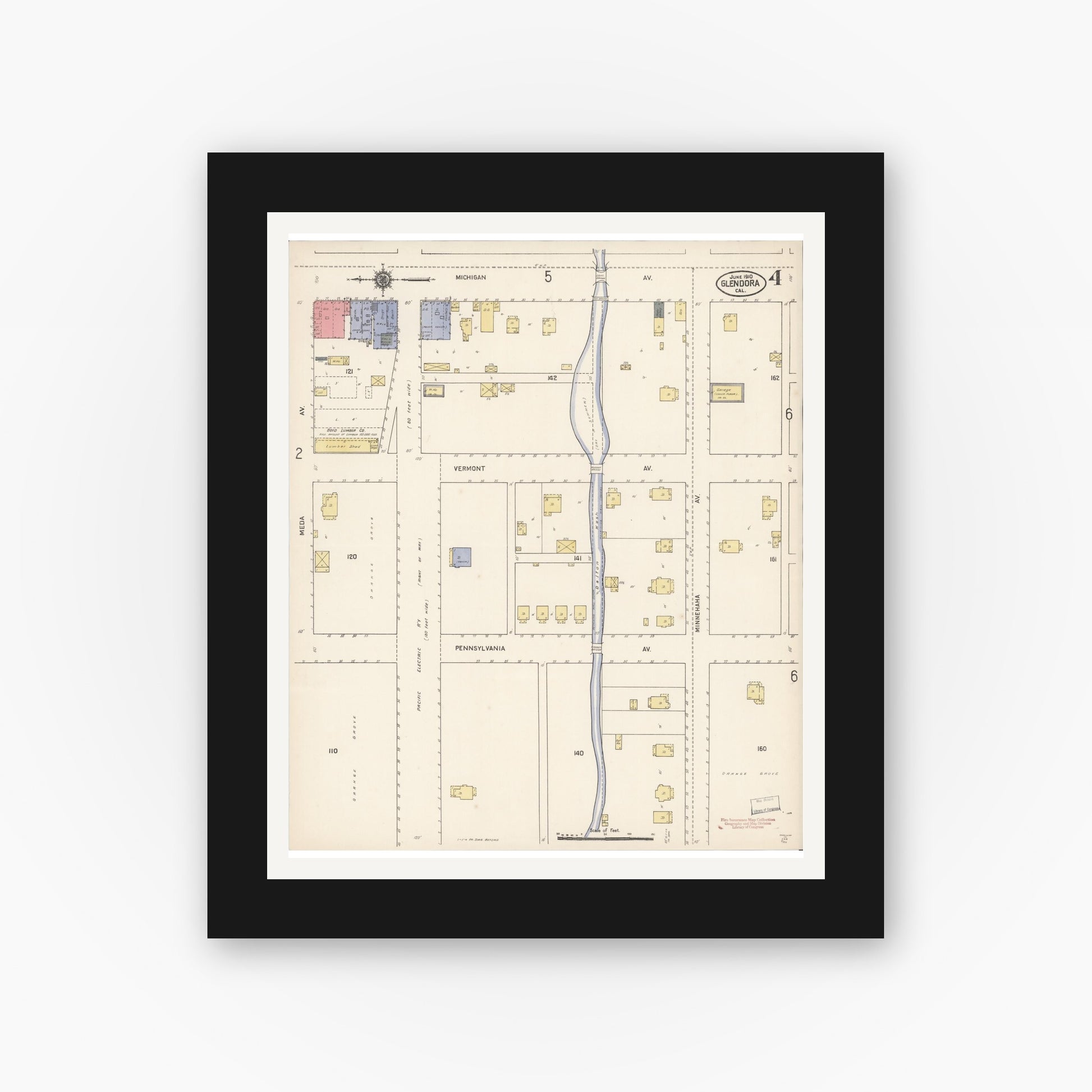Old map wall art mockup — black gallery frame with white mat — Sanborn Fire Insurance Map from Glendora, Los Angeles County, California (1910), Sheet #0004