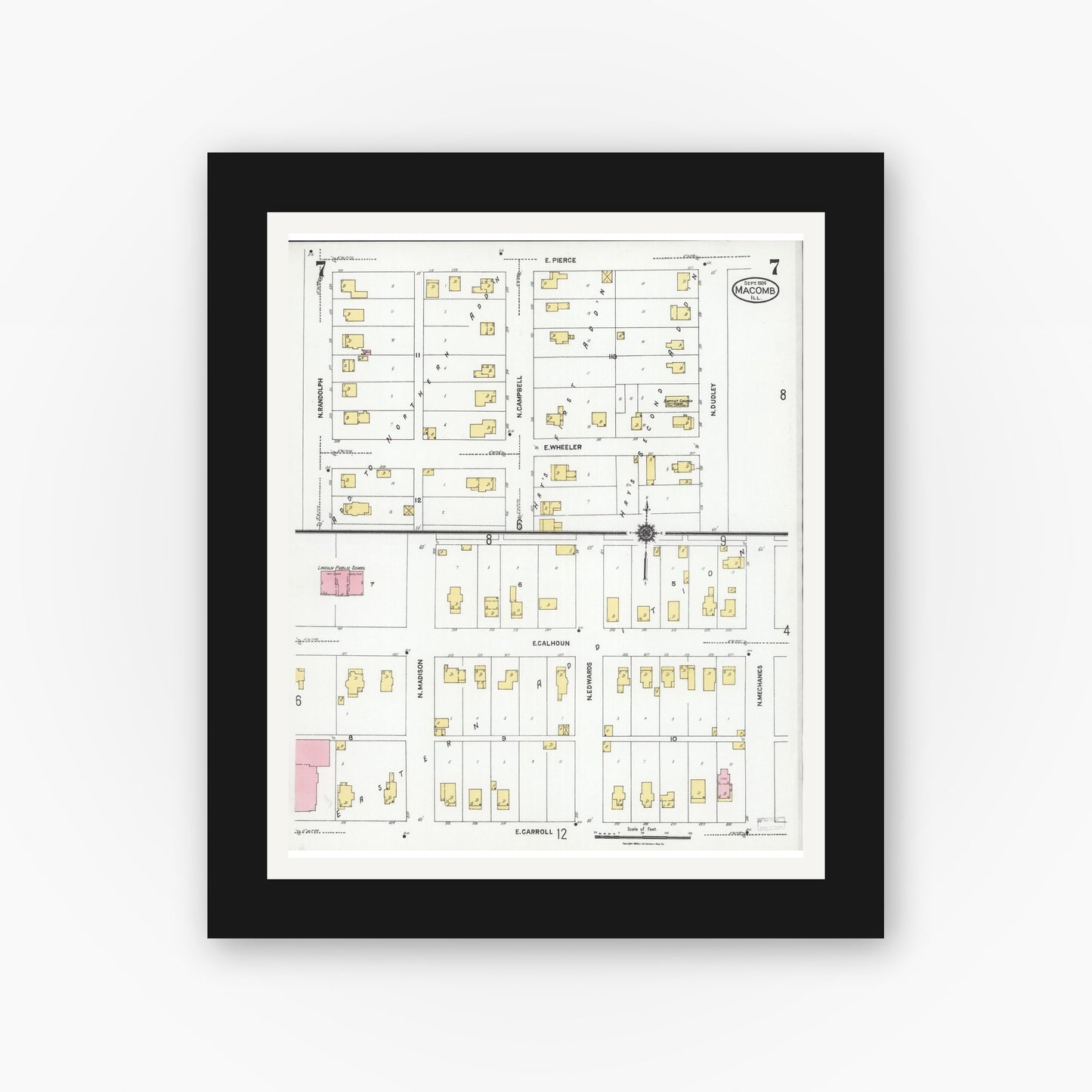 Old map wall art mockup — black gallery frame with white mat — Sanborn Fire Insurance Map from Macomb, Mcdonough County, Illinois (1924), Sheet #0007