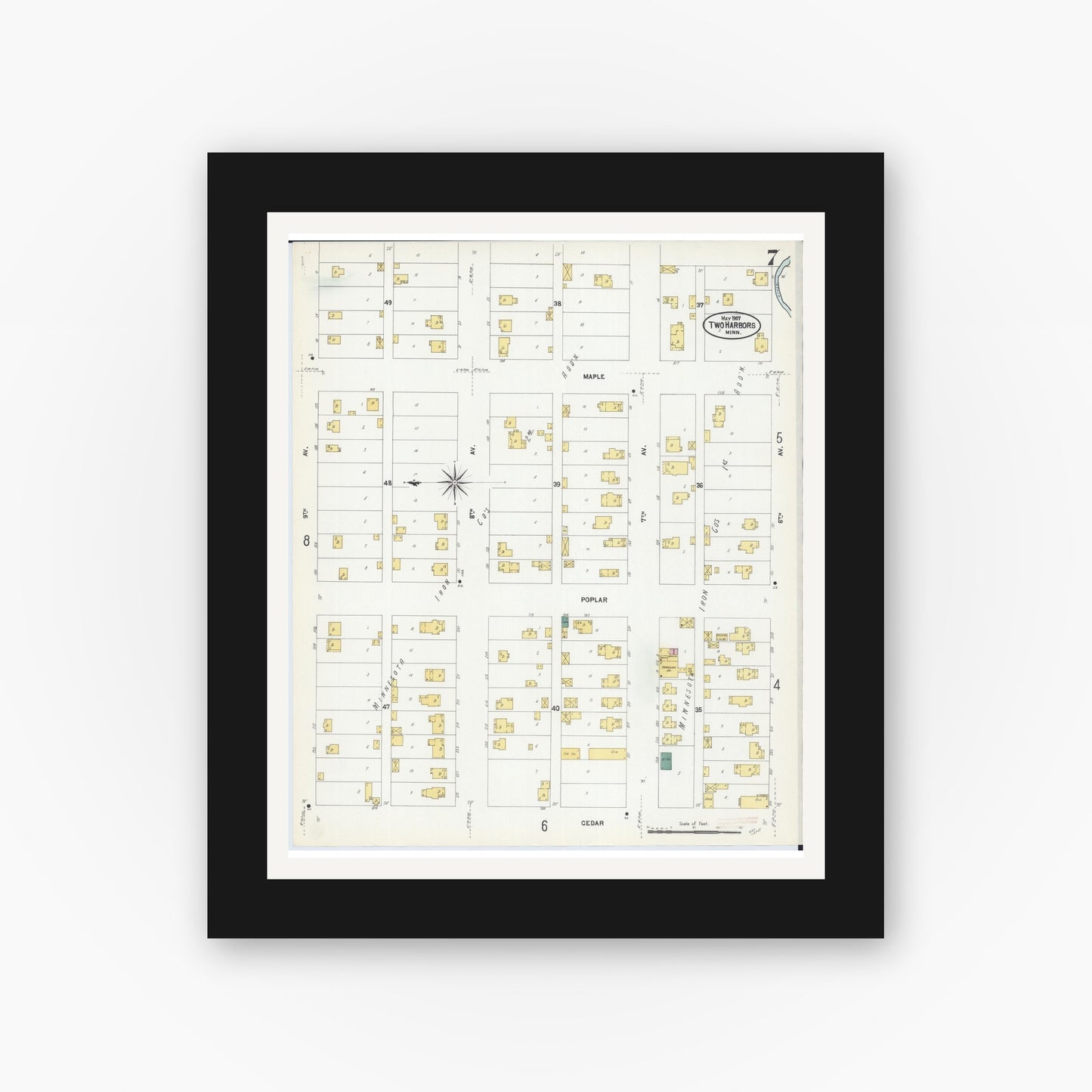 Old map wall art mockup — black gallery frame with white mat — Sanborn Fire Insurance Map from Two Harbors, Lake County, Minnesota (1907), Sheet #0007