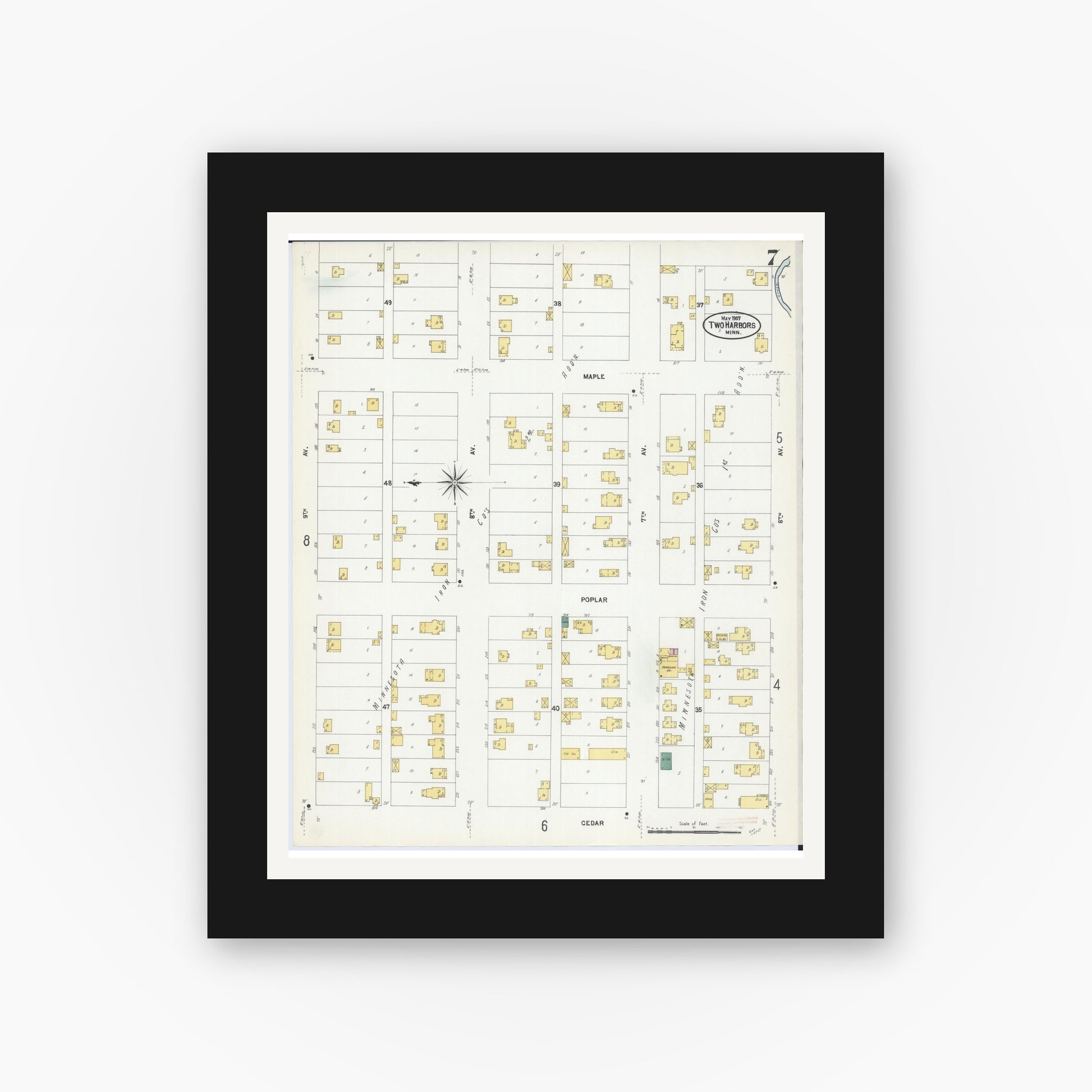 Old map wall art mockup — black gallery frame with white mat — Sanborn Fire Insurance Map from Two Harbors, Lake County, Minnesota (1907), Sheet #0007