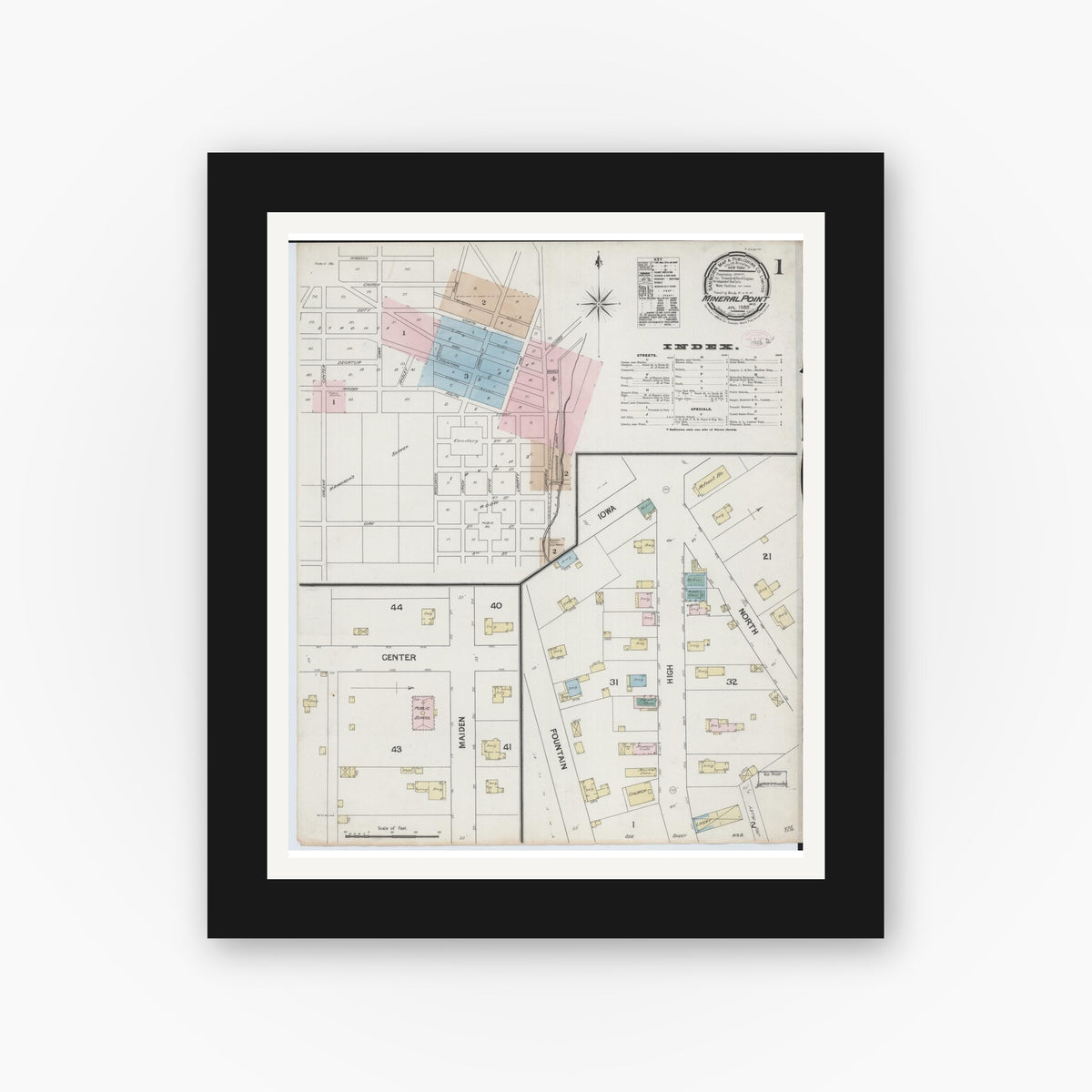 Old map wall art mockup — black gallery frame with white mat — Sanborn Fire Insurance Map from Mineral Point, Iowa County, Wisconsin (1889) - Complete Map Set
