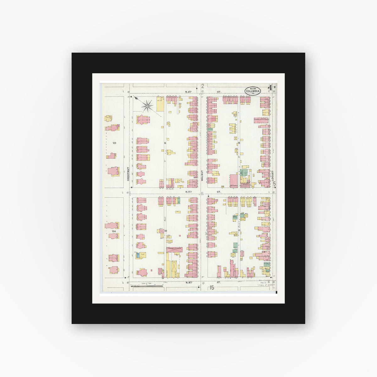 Old map wall art mockup — black gallery frame with white mat — Sanborn Fire Insurance Map from Columbia, Lancaster County, Pennsylvania (1899), Sheet #0004
